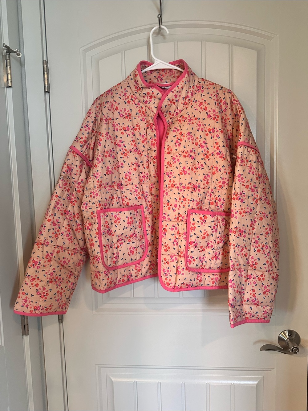 Katydid Pink Floral Quilted Puff Jacket with Hot-Pink Trim